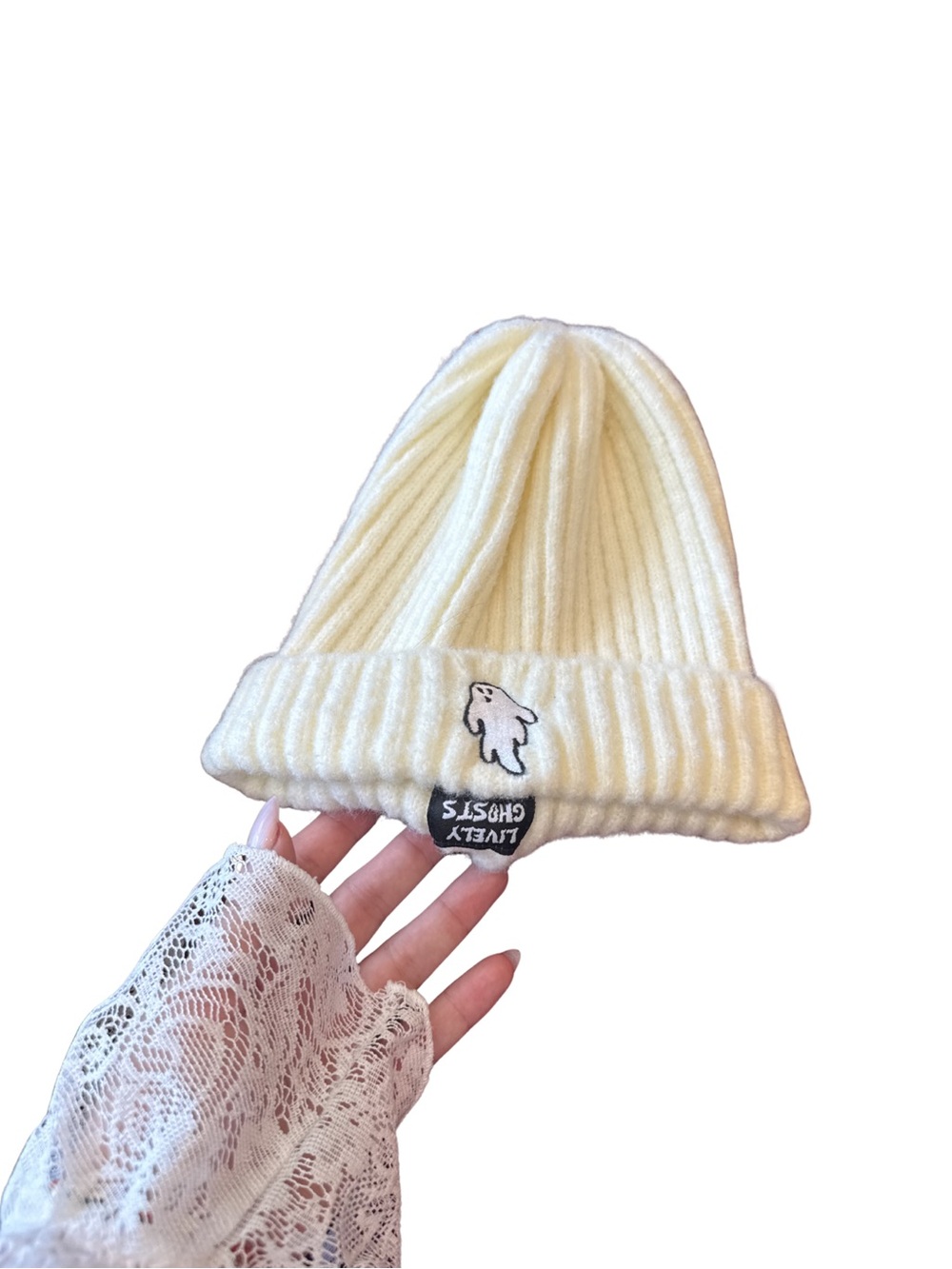 Ivory Ribbed Knit Beanie with Playful Ghost Patch - Men Accessories Hats